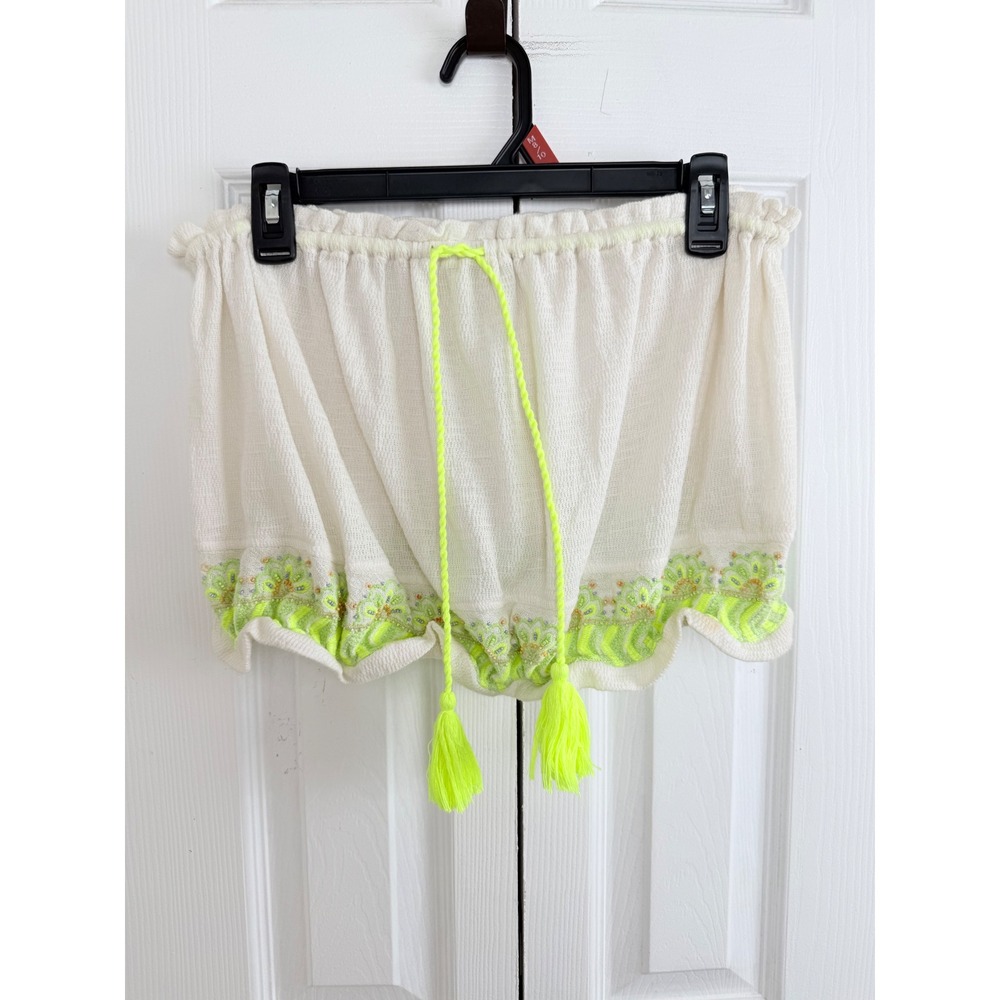 Free People Embroidered Tassel Tube Top Size M Cream‎ Neon Lime Boho Festival